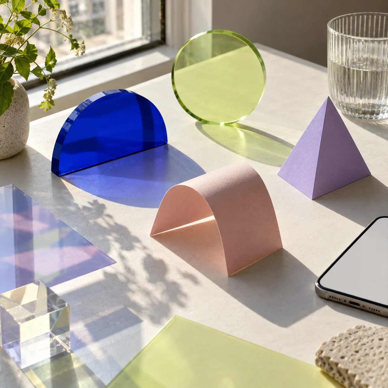 Colorful translucent shapes and paper experiments on a sunlit table