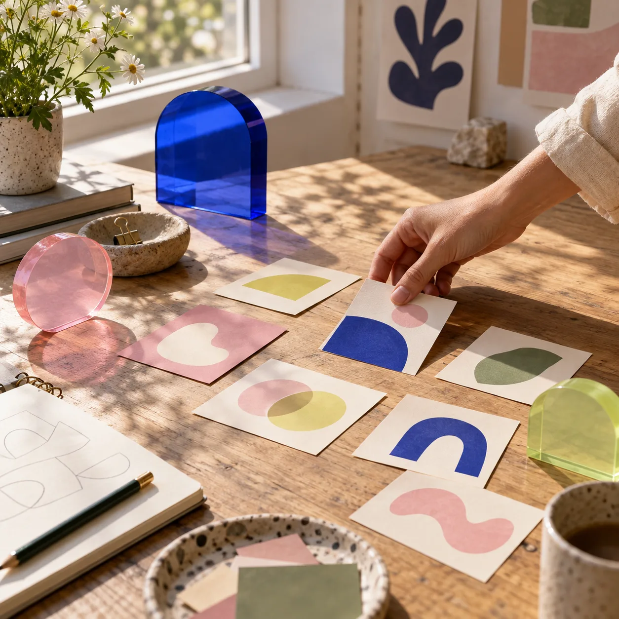 Sunlit table with tactile paper prototypes and a hand arranging them