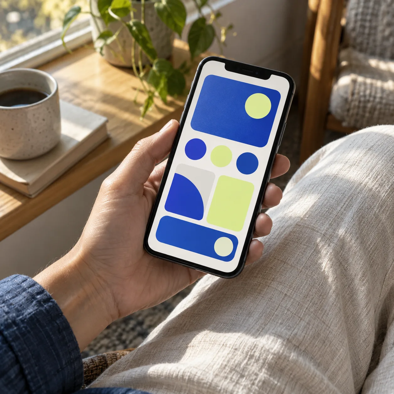 Hand holding a phone with a colorful abstract app screen in natural light